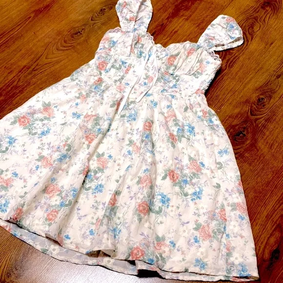🎀 Blue & Pink Floral Babydoll Dress w/ White Floral Embroidery Overlay 🎀 NWT - Picture 4 of 11
